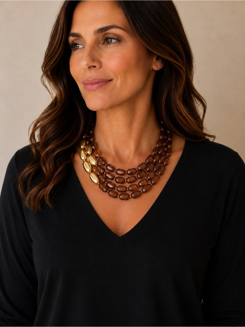 Five-Strand Bronze Statement Necklace with Gold-Tone Accents